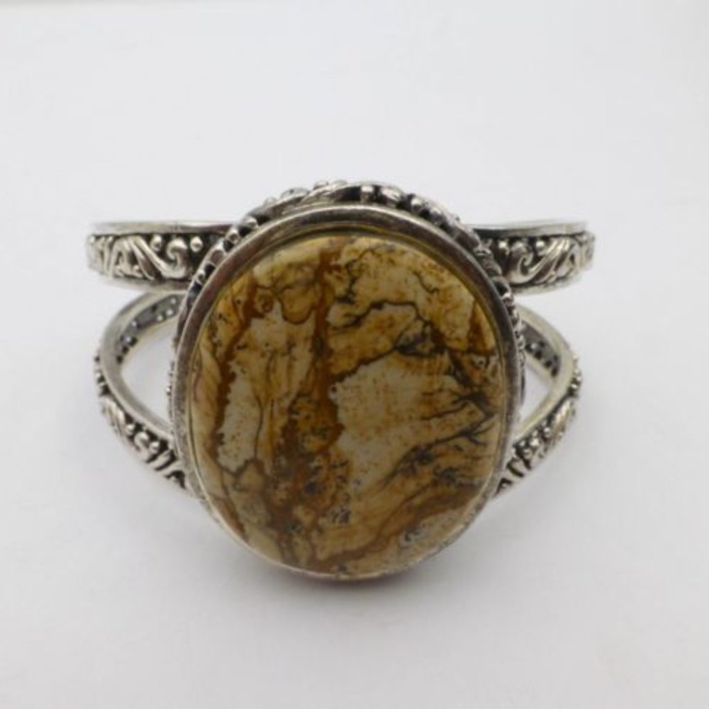 Barse 925 Sterling Silver Oval Landscape Jasper Scroll Split Shank Cuff Bracelet